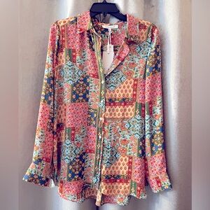 Pastel Floral Garden Boho Print Long Sleeve Buttondown Flowy Blouse